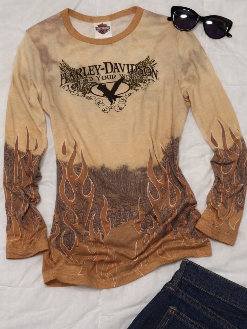 Harley Davidson Flame Long Sleeve Fitted Y2K Graphic Tee Tan Brown Small